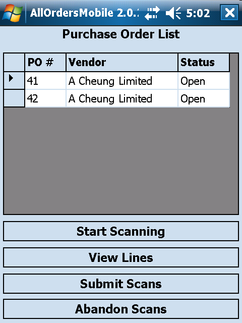 Purchase Order List Screen