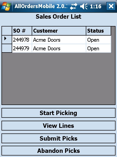 Sales Order List Screen