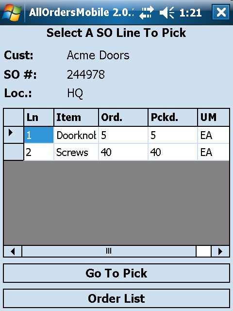 Sales Order Line Item List Screen