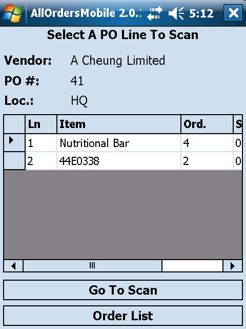 Purchase Order Line Item List Screen